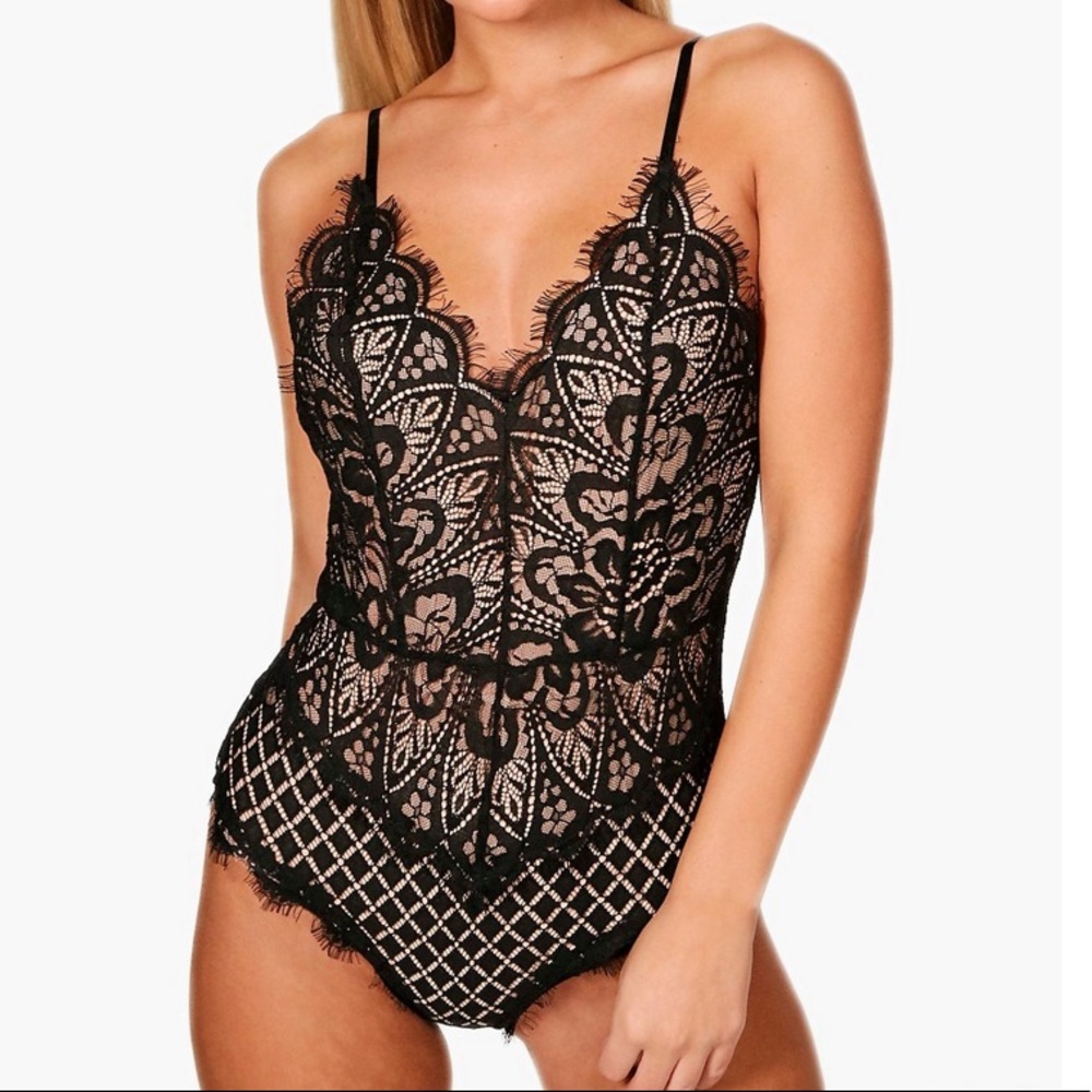 Black eyelash lace bodysuit